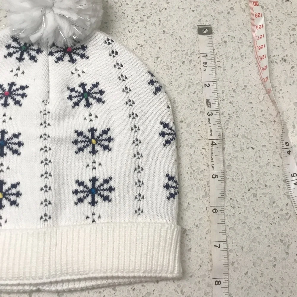 Kids Youth White & Navy Snowflake Pom Pom Beanie With Rainbow Dots